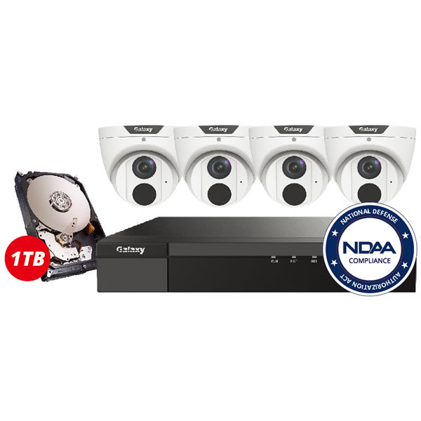 4K AI IP turret camera kit from Galaxy Pro Series with built-in analytics like line crossing, people counting, intrusion, and face detection