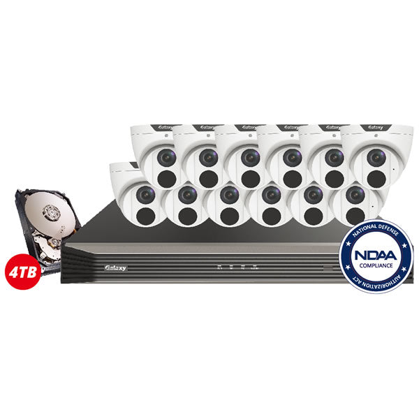 16-channel Galaxy Pro Series 4K AI IP turret camera kit with built-in analytics including line crossing, face detection, and intrusion detection