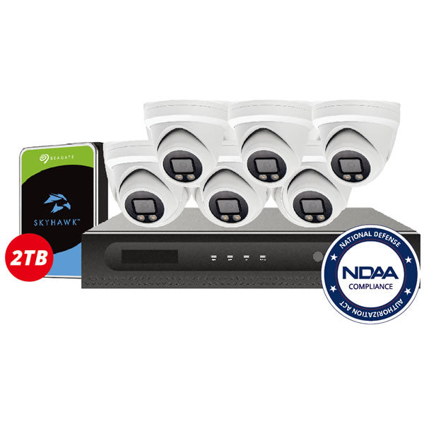 4K 8MP full-color AI IP security camera package with four channels, visible camera lenses and color night vision capabilities