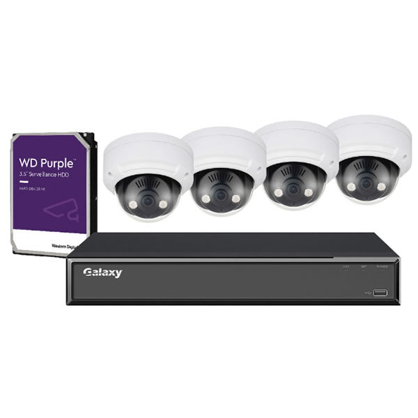 4-channel AI Penta-Brid DVR with 3TB HDD and four 4MP mini dome security cameras in a package, for home or business security.