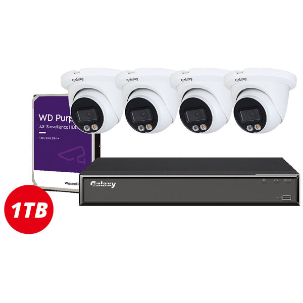 4-channel Galaxy Hunter AI 4MP full color security camera kit showing cameras and equipment setup in a home security system
