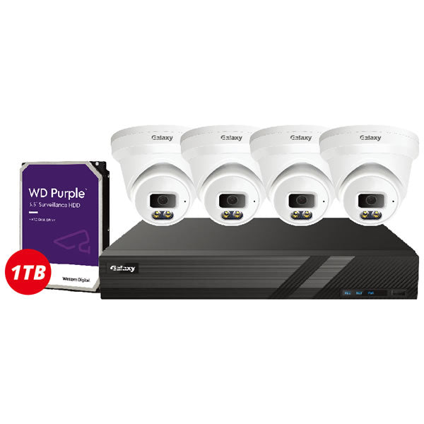 4-channel NDAA Galaxy Color-V 5MP AI full-color security camera kit with multiple cameras and accessories.