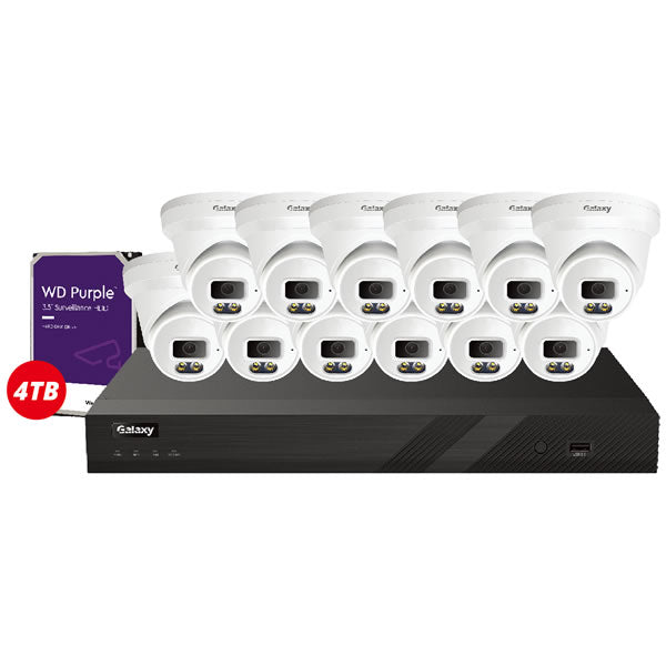 16-channel NDAA Galaxy Color-V 4-channel 5MP AI full-color security camera kit showing cameras and cables.