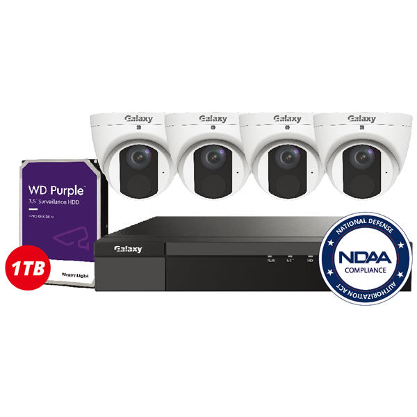 Galaxy Pro 4MP IP security camera kit with four cameras and network video recorder, designed for home or business security.