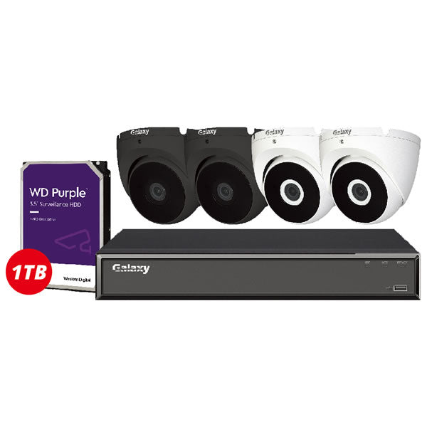 Galaxy Hunter AI HD 2MP 4-channel security camera kit with sleek black cameras and cables for home or business surveillance.