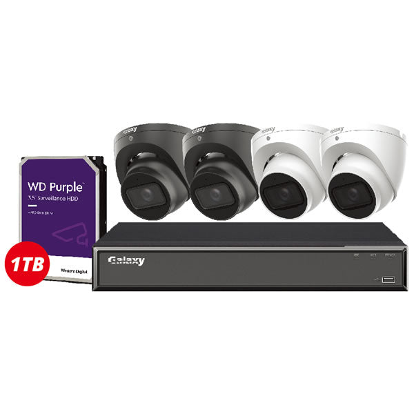 Galaxy Hunter AI HD 4K 4-channel security camera kit with four cameras and sleek design for home or business surveillance.