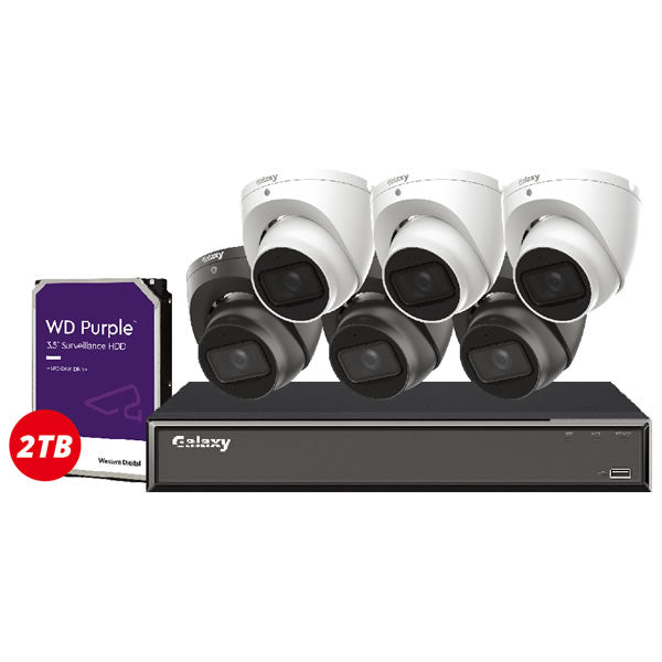 Galaxy Hunter AI HD 4K 8-channel security camera kit with multiple cameras and monitoring equipment.