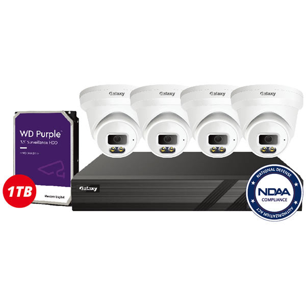 4K AI full color security camera kit with four channels, featuring Galaxy Color-V technology, in a sleek black design.