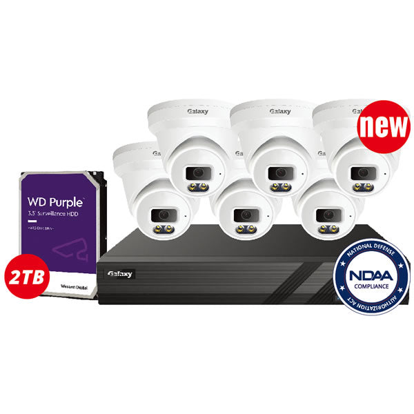 NDAA Galaxy Color-V 4K AI Full Color Kit 8-channel security camera system with multiple cameras and equipment for surveillance.