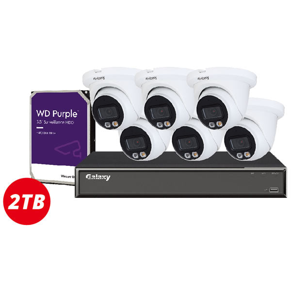 8-channel Galaxy Hunter AI 5MP full color security camera kit with cameras and cables, designed for advanced home or business surveillance.