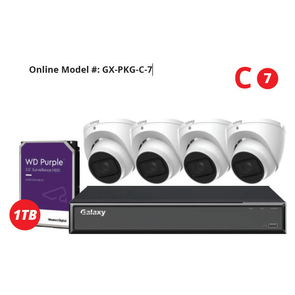 4-channel Galaxy Hunter AI 5MP Starlight HD fixed turret security camera kit showing cameras with night vision and sleek design