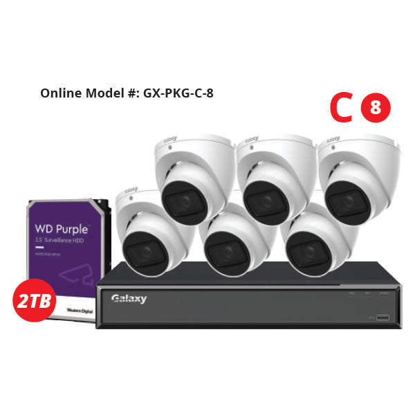 8-channel Galaxy Hunter AI 5MP Starlight HD fixed turret security camera kit with advanced night vision and durable design.