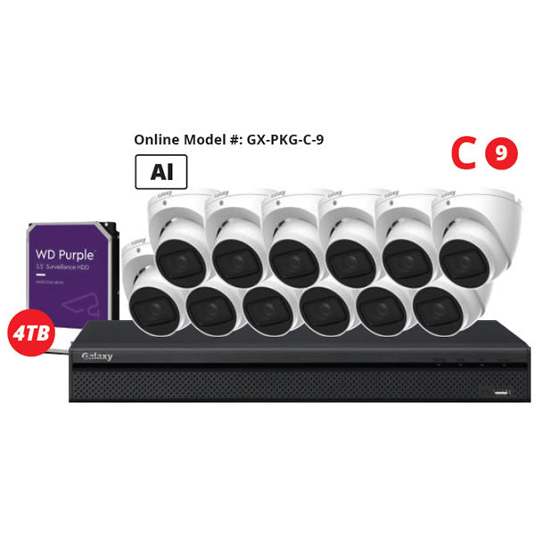 16-channel Galaxy Hunter AI 5MP Starlight HD fixed turret security camera kit showing multiple cameras and mounting brackets