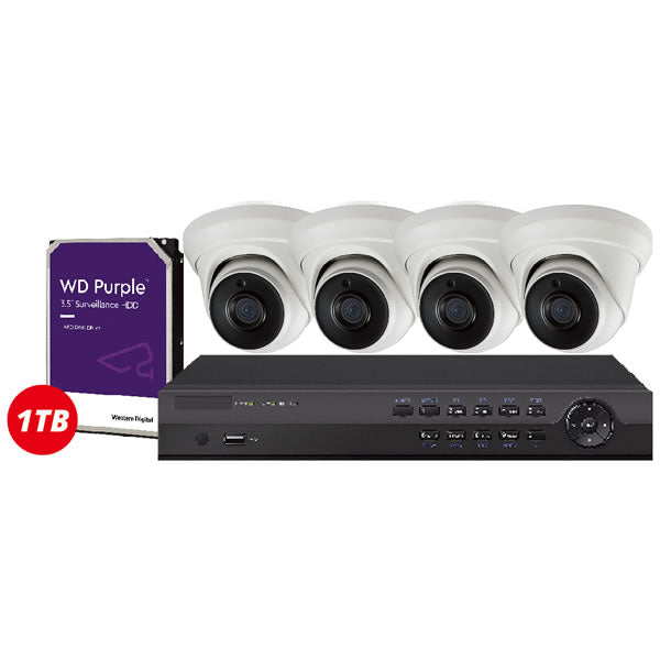 Galaxy Platinum 4-channel 5MP HD security camera kit with AI human and vehicle detection by My Store, featuring four cameras and recording equipment.