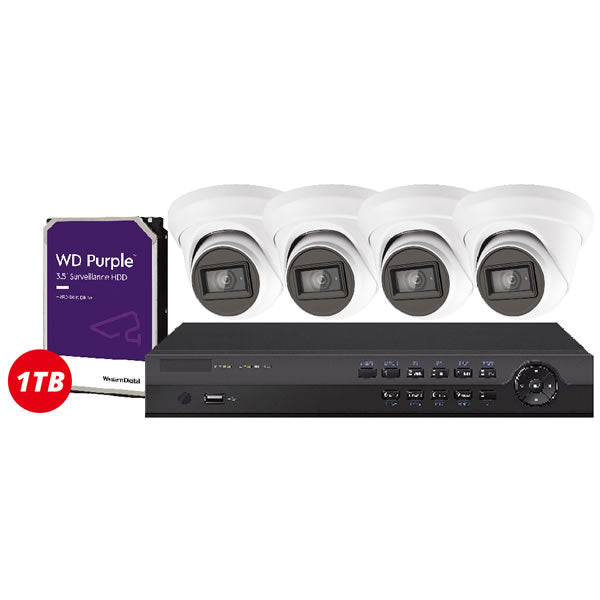 Galaxy Platinum 4K/8MP HD security camera kit with AI human and vehicle detection, 4-channel CCTV system, mounted cameras.
