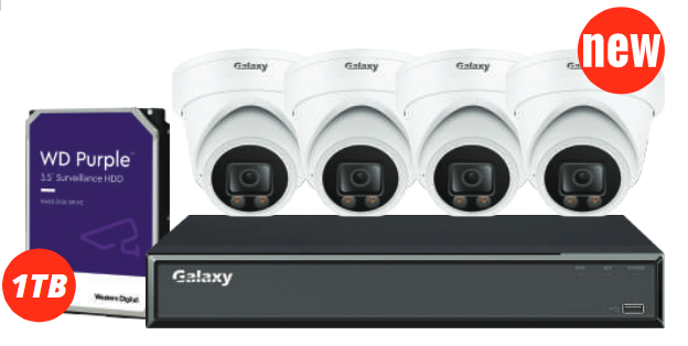 Galaxy Hunter Color-V 5MP full color HD security camera kit with four cameras and digital recording system.
