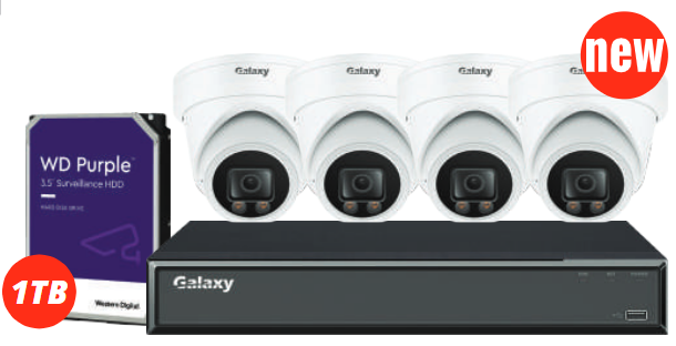 Galaxy Hunter Color-V 4K Full Color HD 4-channel security camera kit with multiple cameras and sleek design.