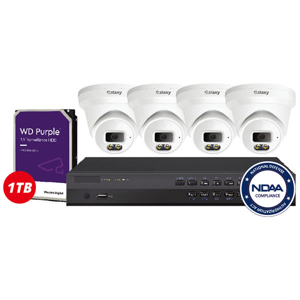 4-channel NDAA Galaxy Color-V 6MP full color IP security camera kit with four cameras and mounting accessories.