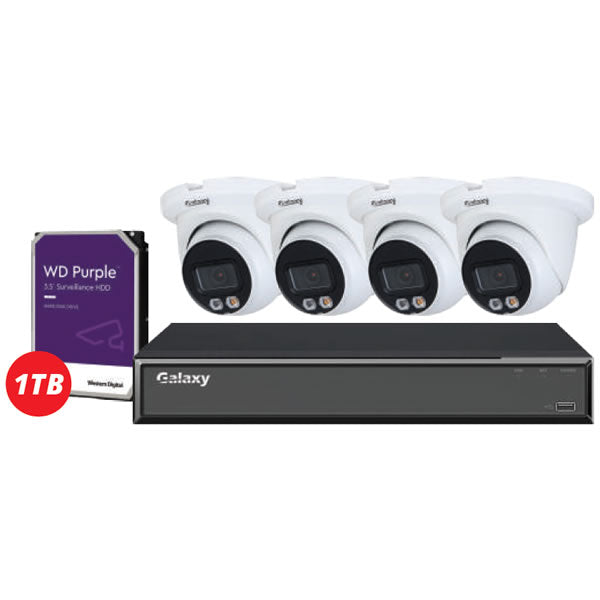 4-channel Galaxy Hunter AI 4MP IP turret camera kit with dual illumination and full color night vision, ideal for security surveillance