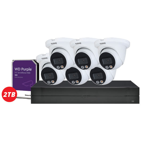 8-channel Galaxy Hunter AI 4MP IP turret security camera kit with dual illumination and full color imaging.