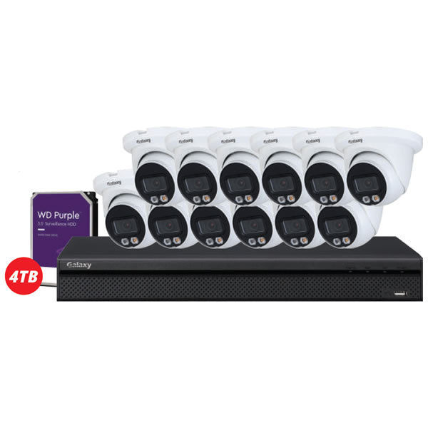 16-channel Galaxy Hunter AI 4MP dual illumination full-color IP turret camera kit showing multiple cameras and equipment setup.