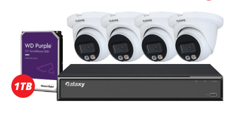 4-channel Galaxy Hunter AI 5MP IP turret security camera kit with dual illumination and full color imaging