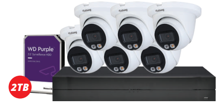 8-channel Galaxy Hunter AI 5MP dual illumination full color IP turret security camera kit with multiple cameras and mounting hardware