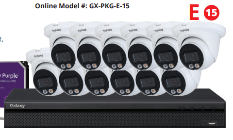 16-channel Galaxy Hunter AI 5MP dual illumination full color IP turret camera kit with multiple cameras and mounting hardware.