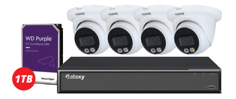 4-channel Galaxy Hunter AI 4K IP turret camera kit with dual illumination and full color imaging, ideal for security surveillance.