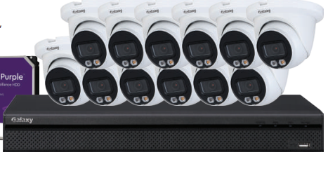 16-channel Galaxy Hunter AI 4K dual illumination full color IP turret camera kit with multiple cameras and sleek design.