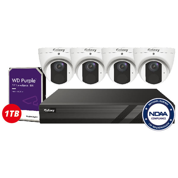 4-channel Galaxy Pro 4MP AI IP security camera kit showing cameras and network equipment for home or business security.