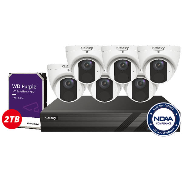 8-channel Galaxy Pro 4MP AI IP security camera kit with multiple cameras and network equipment, designed for home or business security.