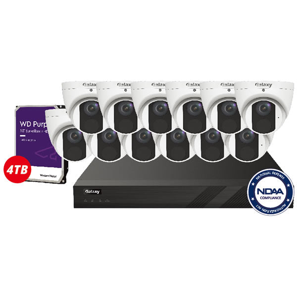 16-channel Galaxy Pro 4MP AI IP security camera kit with multiple cameras and network equipment for surveillance.