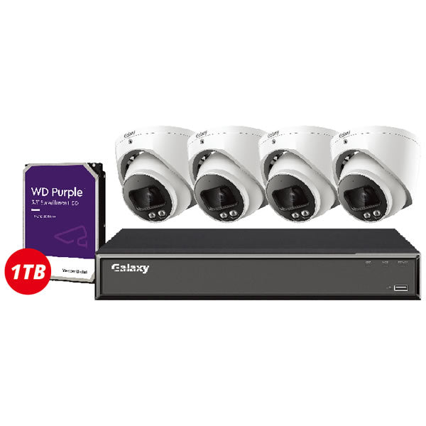 4-channel Galaxy Hunter AI 4MP IP turret security camera kit with dual illumination and full-color imaging, ideal for surveillance.