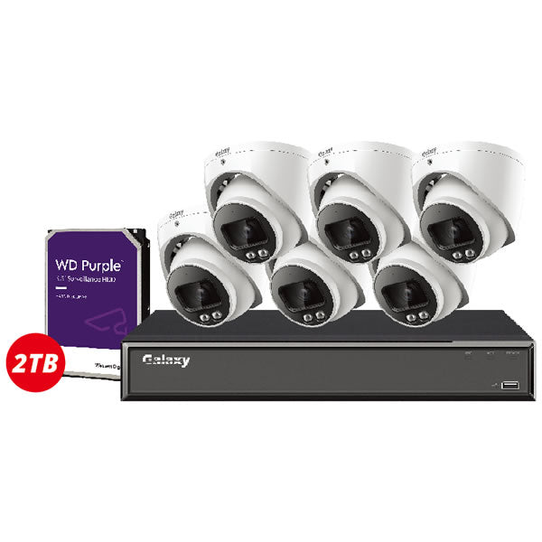 8-channel Galaxy Hunter AI 4MP dual illumination full-color IP turret camera kit showing cameras mounted outdoors.