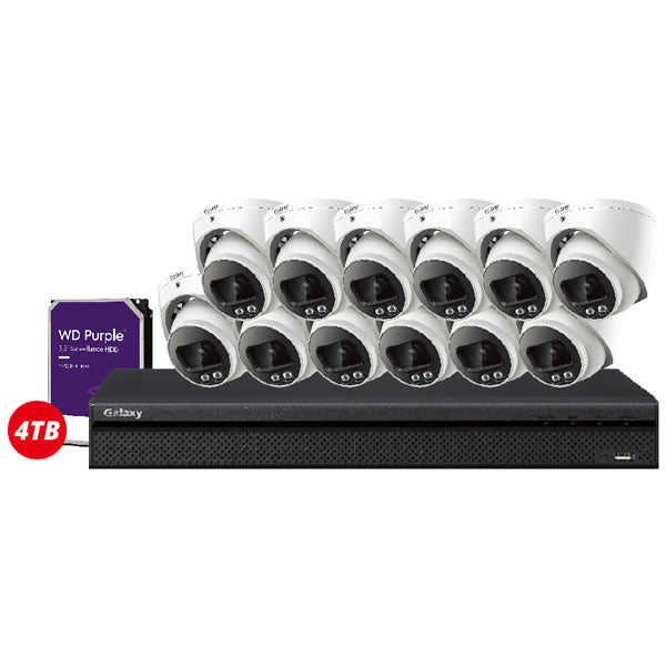 16-channel Galaxy Hunter AI 4MP IP turret camera kit with dual illumination and full color imaging, perfect for security surveillance.
