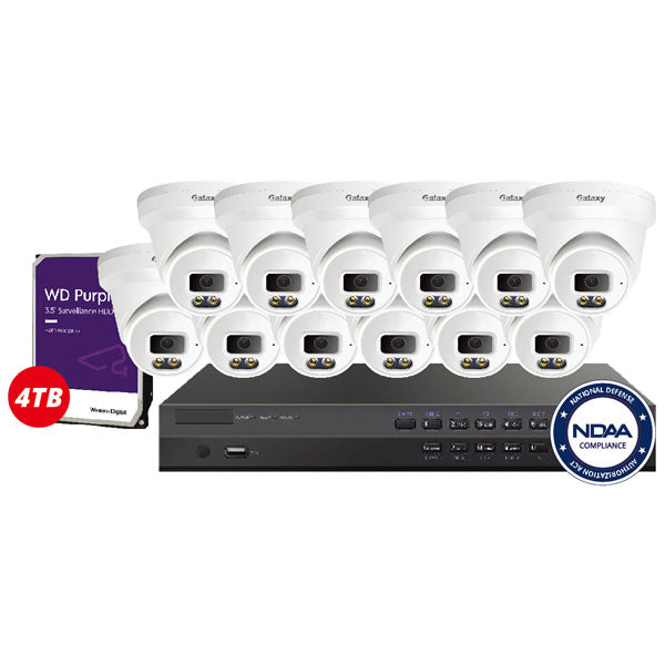 16-channel NDAA Galaxy Platinum 4K/8MP full color IPKit security camera system with multiple cameras and network connections.
