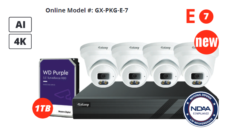 4-channel Galaxy Color-V NDAA 4K AI IP turret security camera kit with multiple cameras and sleek black design.