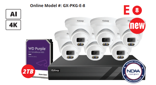 8-channel Galaxy Color-V NDAA 4K AI IP turret security camera kit with multiple cameras and sleek design.