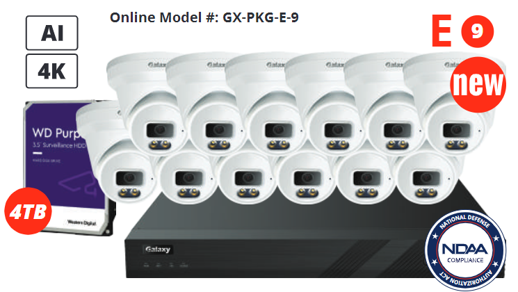 16-channel Galaxy Color-V NDAA 4K AI IP turret security camera kit with multiple cameras and advanced surveillance features.