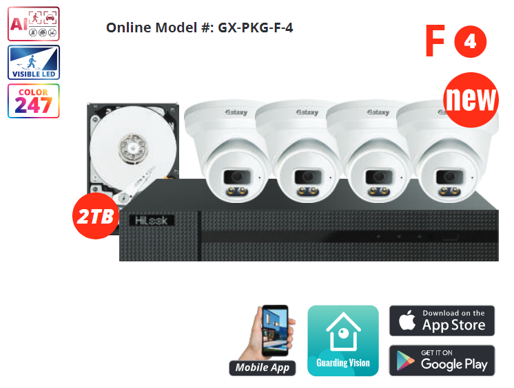 4CH HiLook 4K/8MP Full Color IP security camera kit with four cameras displaying vibrant color footage