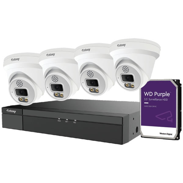 My Store Galaxy Pro 8CH Active Deterrence IP security camera kit with multiple cameras and recording equipment.