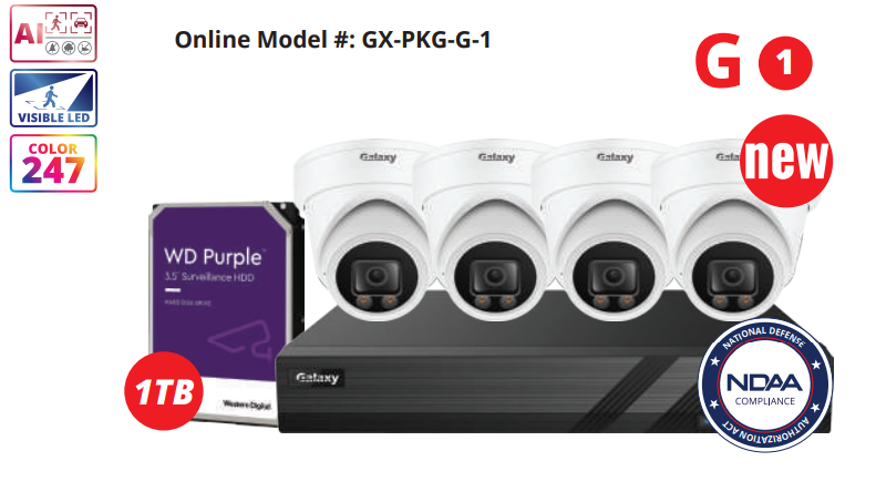 4-channel NDAA Galaxy Color-V 5MP AI IP turret security camera kit with full color imaging and advanced surveillance features