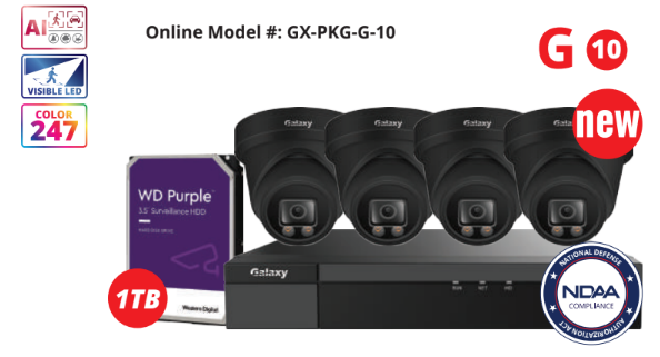 4-channel NDAA Galaxy Color-V 5MP AI IP turret security camera kit with full color imaging, mounted on a wall.