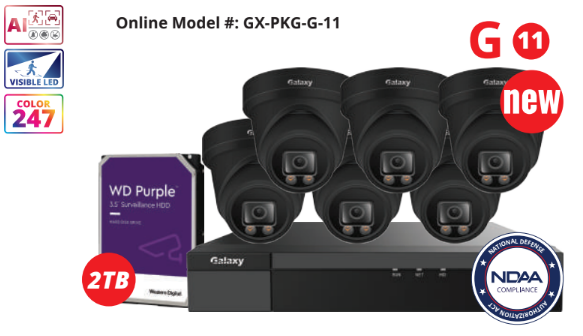 8-channel NDAA Galaxy Color-V 5MP AI IP turret security camera kit with full color imaging and advanced surveillance features.