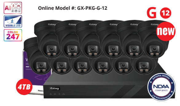 16-channel NDAA Galaxy Color-V 5MP AI IP turret camera kit with full-color night vision and advanced surveillance features.