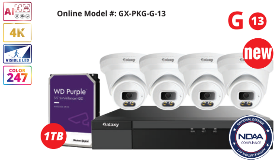4-channel NDAA Galaxy Color-V full-color 4K AI IP turret security camera kit with multiple lenses and mounting options.