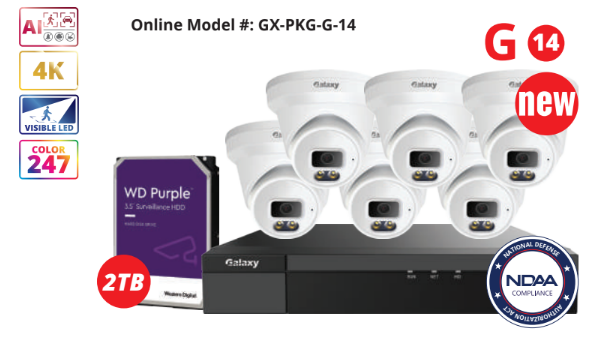 Galaxy Color-V 8-channel 4K AI IP turret security camera kit featuring full color night vision and advanced surveillance technology.