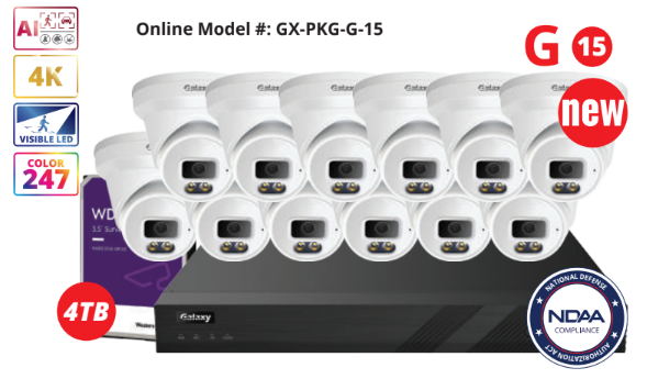 16-channel NDAA Galaxy Color-V full color 4K AI IP turret camera kit showing multiple high-resolution security cameras.