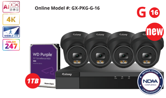 4-channel NDAA Galaxy Color-V full color 4K AI IP turret camera kit, featuring advanced surveillance technology.